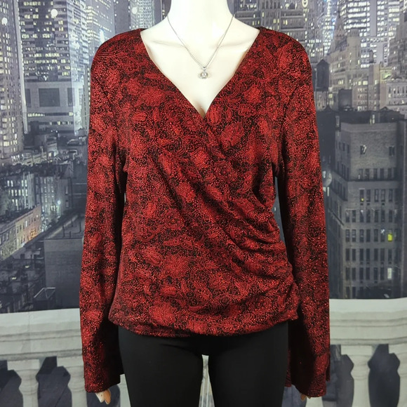 Metaphor sz L Red & Black Sparkling Cross Over V-Neck Ruched Blouse - Picture 1 of 6